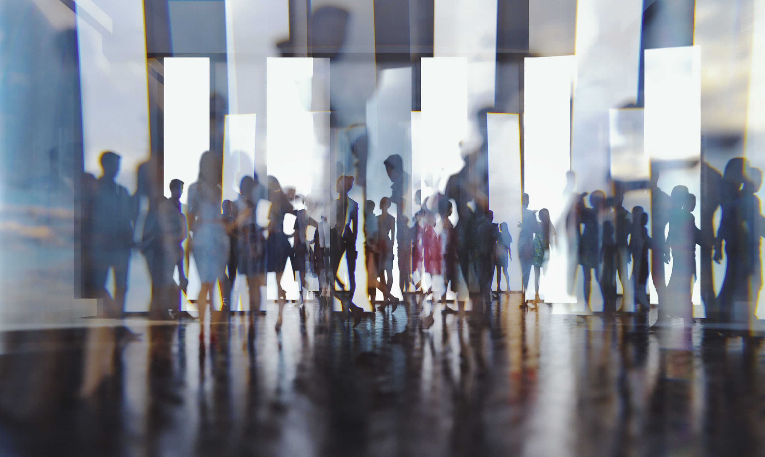 Abstract people silhouettes against glass, 3D generated