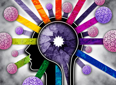 A schematic cross-section of the head and neck, with a rainbow of colored sticks emanating from a star image in the center of the head and radiating out to various pink and purple colored globes depicting viruses associated with head and neck cancers.