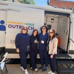 Staff standing in front of the Communication Van on site