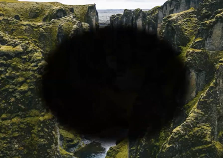 a picture of the outdoors in Iceland, with a black spot in the middle to signify what optic neuritis looks like